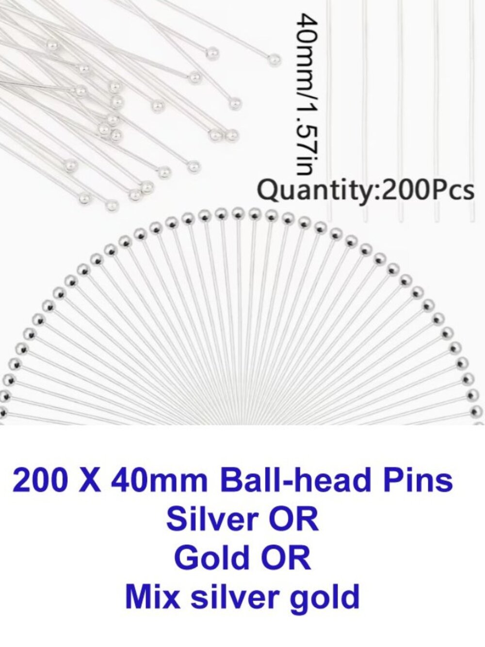 200 X 40mm Ball-head Pins (see graphic about bending)